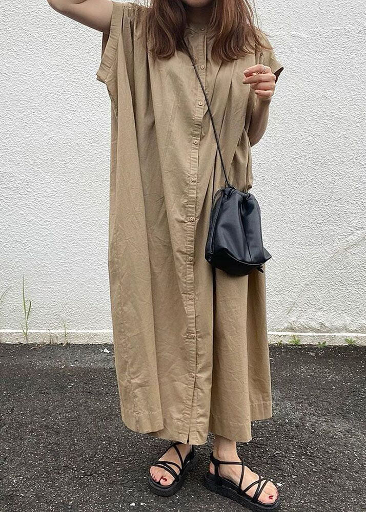 Diy Khaki Button Baumwollhemden Kleider Kurzarm