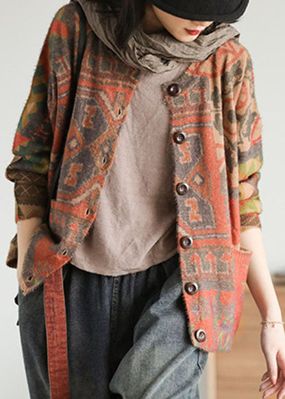 diy Khaki Loose Knit Print Button Pockets Herbst Pullover Cardigans