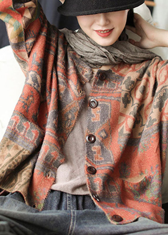 diy Khaki Loose Knit Print Button Pockets Herbst Pullover Cardigans