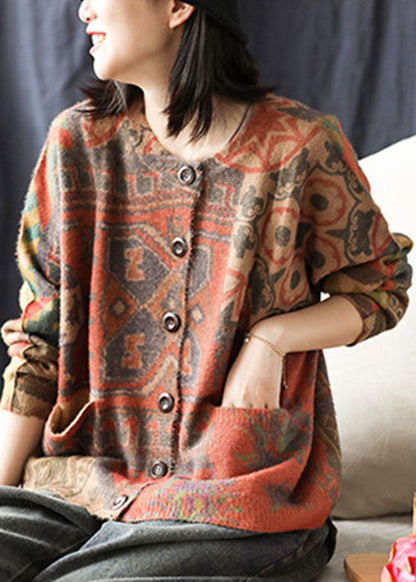 diy Khaki Loose Knit Print Button Pockets Herbst Pullover Cardigans