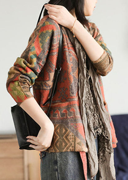 diy Khaki Loose Knit Print Button Pockets Herbst Pullover Cardigans