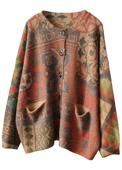 diy Khaki Loose Knit Print Button Pockets Herbst Pullover Cardigans