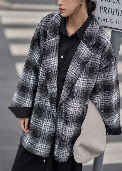 diy Notched double breast  wool coat black plaid short jackets - SooLinen
