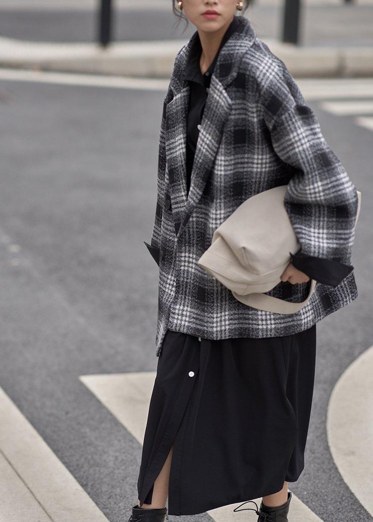 diy Notched double breast  wool coat black plaid short jackets - SooLinen