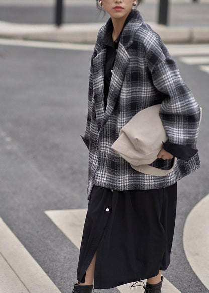 diy Notched double breast  wool coat black plaid short jackets - SooLinen