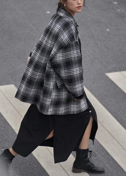 diy Notched double breast  wool coat black plaid short jackets - SooLinen