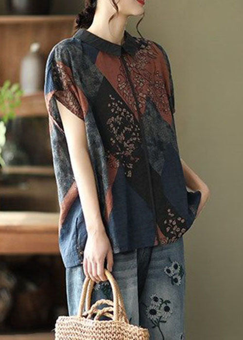 DIY Peter Pan Kragen Print Leinen Bluse Tops Kurzarm