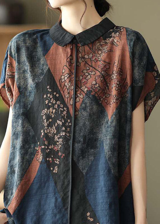 DIY Peter Pan Kragen Print Leinen Bluse Tops Kurzarm