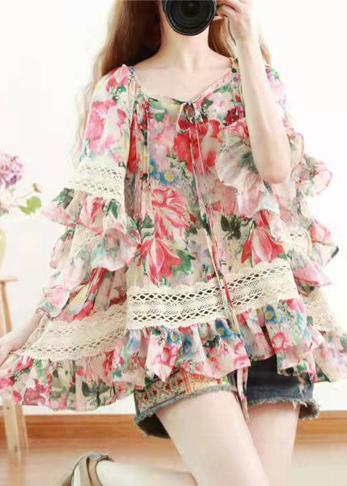 DIY Print Lace Chiffon Blusen Flare Ärmel