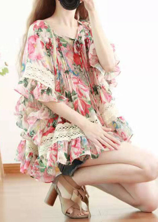 DIY Print Lace Chiffon Blusen Flare Ärmel