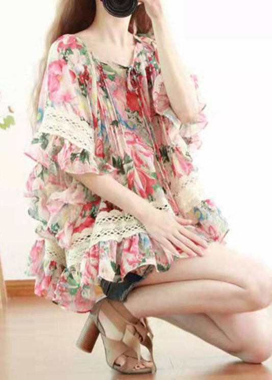 DIY Print Lace Chiffon Blusen Flare Ärmel