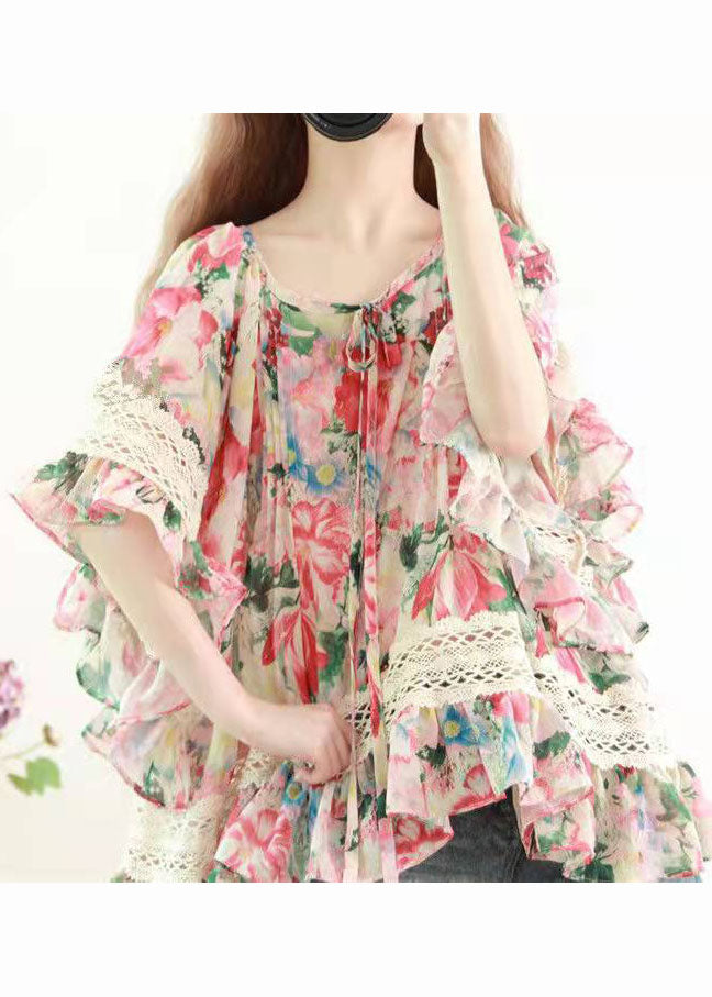 DIY Print Lace Chiffon Blusen Flare Ärmel