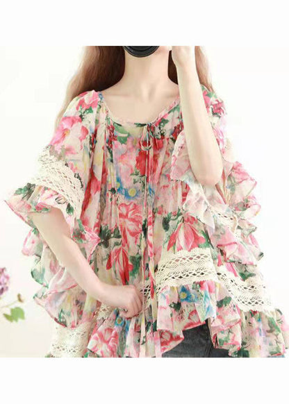 DIY Print Lace Chiffon Blusen Flare Ärmel