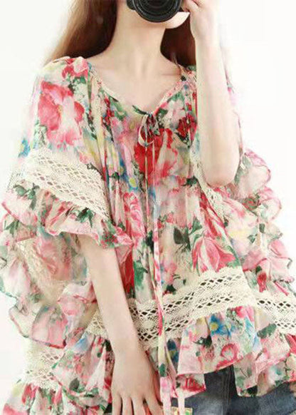 DIY Print Lace Chiffon Blusen Flare Ärmel