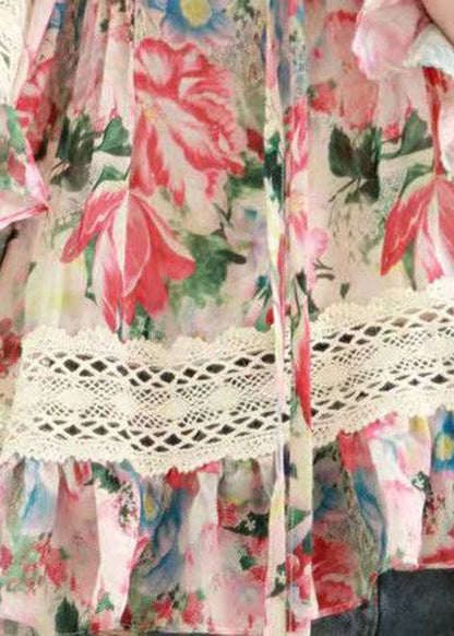 DIY Print Lace Chiffon Blusen Flare Ärmel