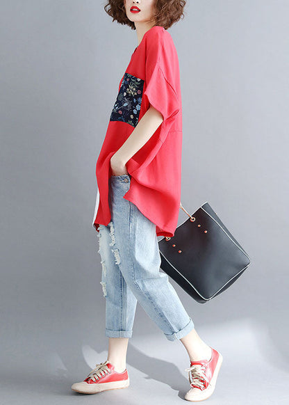 DIY Rotes O-Ausschnitt-Print Herbst Tier Halbarm Shirt Top