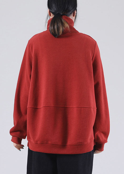 DIY Red Turtle Neck Taschen Baumwolle Sweatshirt Street Wear Winter