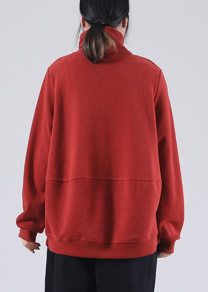DIY Red Turtle Neck Taschen Baumwolle Sweatshirt Street Wear Winter