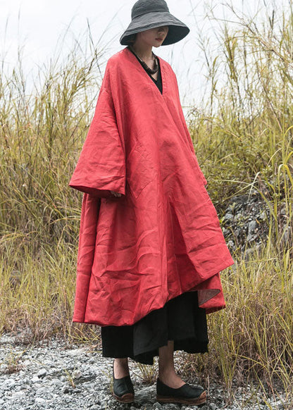 DIY Roter Wintermantel mit V-Ausschnitt und Taschen, feine Baumwolle