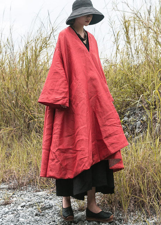 DIY Roter Wintermantel mit V-Ausschnitt und Taschen, feine Baumwolle