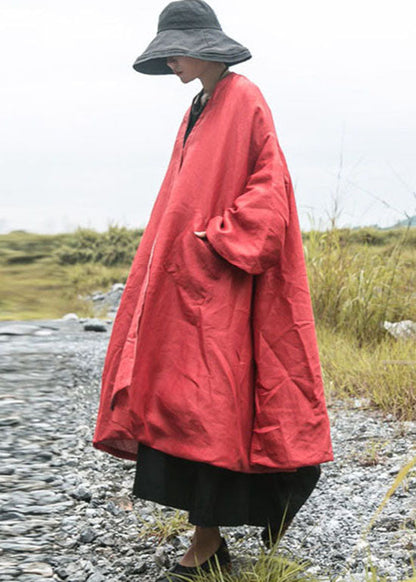 DIY Roter Wintermantel mit V-Ausschnitt und Taschen, feine Baumwolle