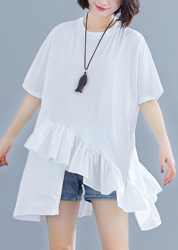 diy Ruffles asymmetric cotton Wardrobes white top summer - SooLinen