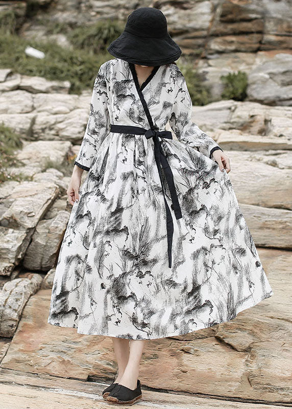 diy weißes Maxikleid mit V-Ausschnitt und Rüschenmuster, lange Ärmel