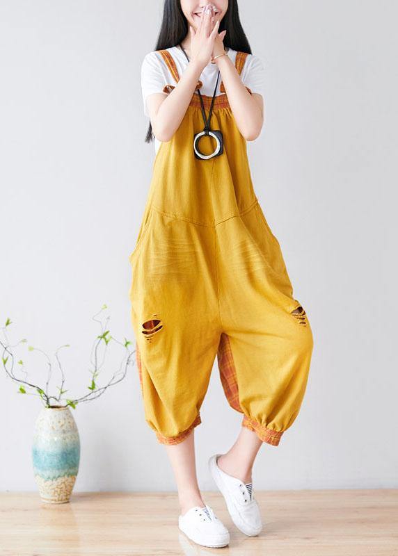 diy Yellow Pockets Patchwork Plaid Fall Outfits Rompers Cotton - SooLinen