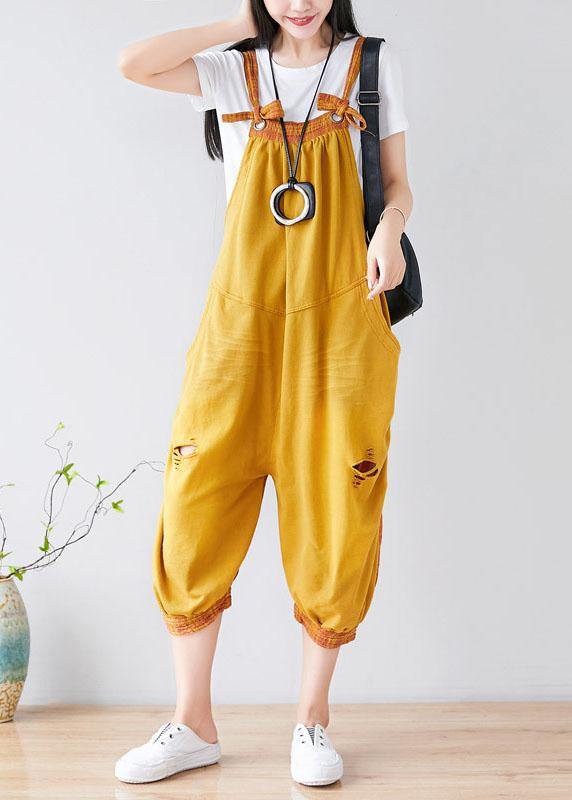 diy Yellow Pockets Patchwork Plaid Fall Outfits Rompers Cotton - SooLinen