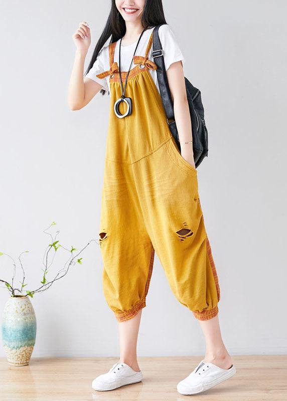 diy Yellow Pockets Patchwork Plaid Fall Outfits Rompers Cotton - SooLinen