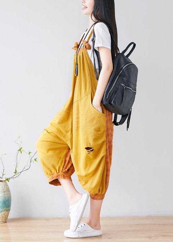 diy Yellow Pockets Patchwork Plaid Fall Outfits Rompers Cotton - SooLinen