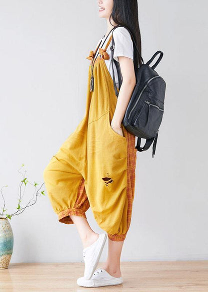 diy Yellow Pockets Patchwork Plaid Fall Outfits Rompers Cotton - SooLinen