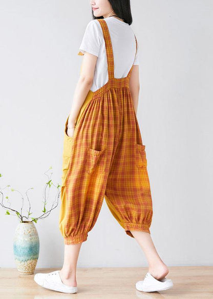 diy Yellow Pockets Patchwork Plaid Fall Outfits Rompers Cotton - SooLinen