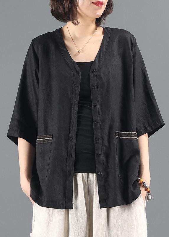 diy black coat women v neck pockets silhouette coat - SooLinen