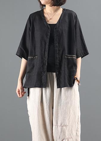 diy black coat women v neck pockets silhouette coat - SooLinen