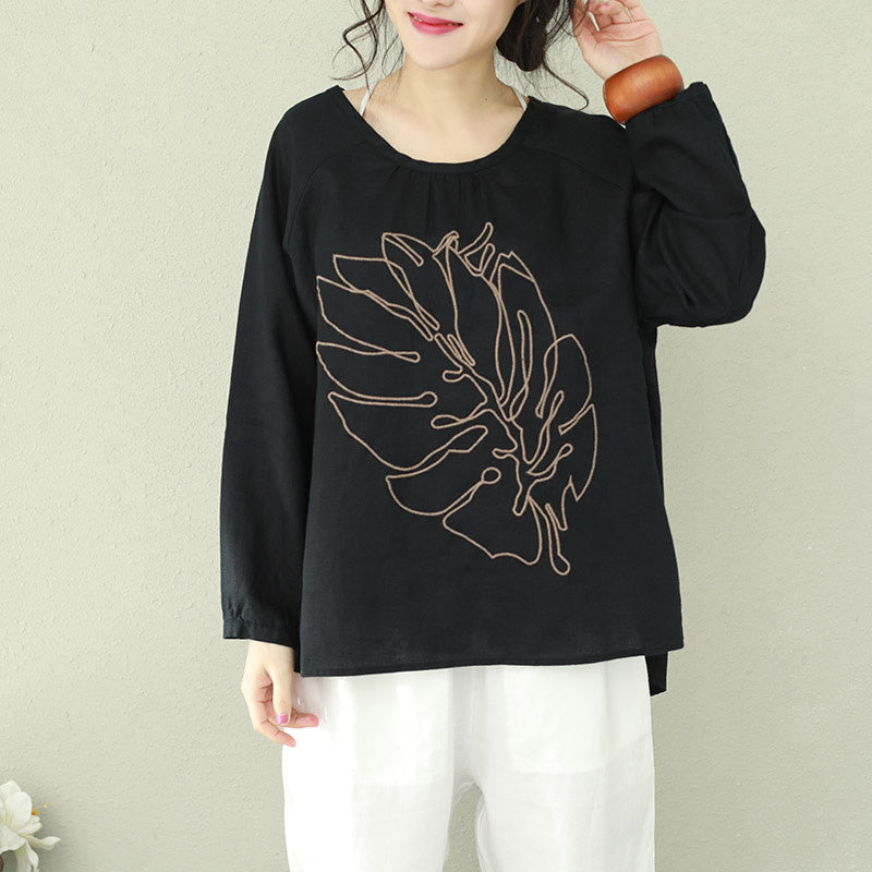 DIY schwarzes Leinen für Frauen Bio-Arbeitsoutfits O-Ausschnitt-Tunika-Frühlingsoberteil