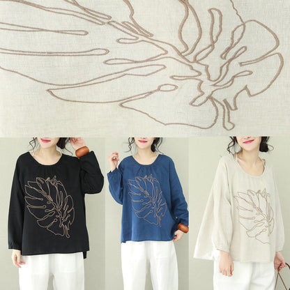 DIY schwarzes Leinen für Frauen Bio-Arbeitsoutfits O-Ausschnitt-Tunika-Frühlingsoberteil