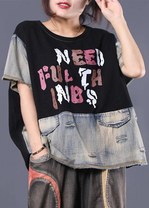 diy black patchwork cotton shirts women ripped short summer top - SooLinen