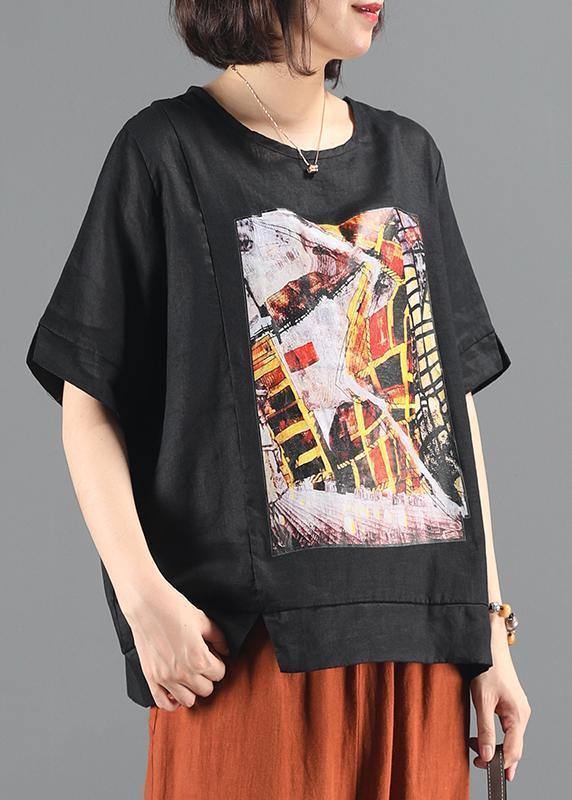 diy black print crane tops Inspiration o neck patchwork blouse - SooLinen