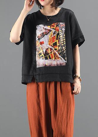 diy black print crane tops Inspiration o neck patchwork blouse - SooLinen