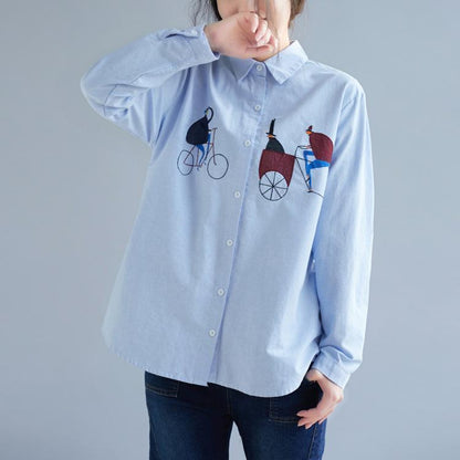 DIY blaue Baumwoll-Leinen-Tops Damenblusen Boho Nähdrucke Boxspringblusen