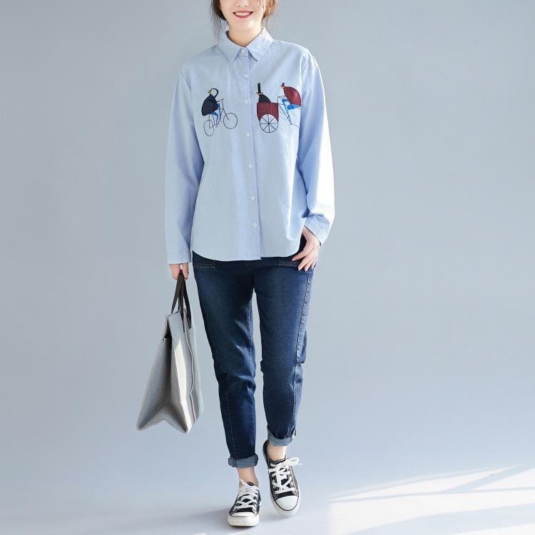 DIY blaue Baumwoll-Leinen-Tops Damenblusen Boho Nähdrucke Boxspringblusen