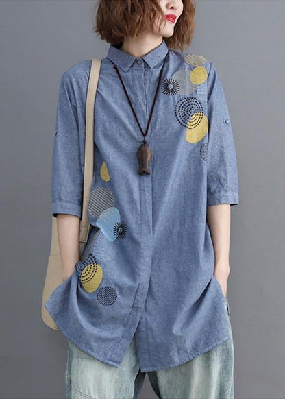 diy blue embroidery top silhouette lapel Midi shirts - SooLinen