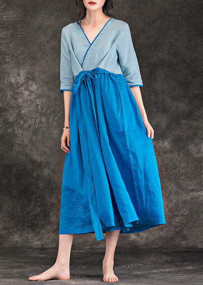 DIY blaue Leinen Kleiderschränke Fashion Catwalk V-Ausschnitt Patchwork Tunika Sommerkleider