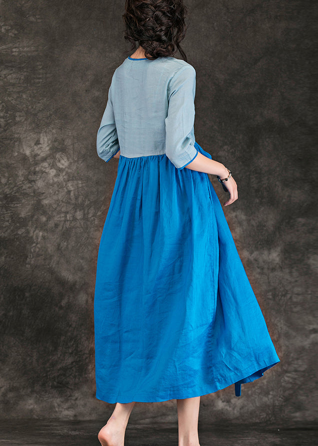 DIY blaue Leinen Kleiderschränke Fashion Catwalk V-Ausschnitt Patchwork Tunika Sommerkleider