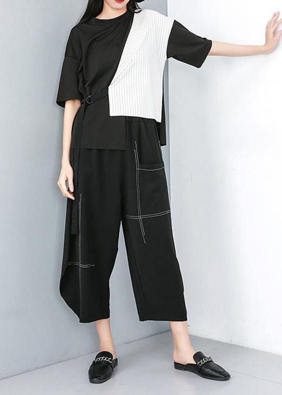 diy cotton crane tops Pakistani Round Neck Patchwork Striped Irregular Blouse - SooLinen