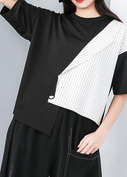 diy cotton crane tops Pakistani Round Neck Patchwork Striped Irregular Blouse - SooLinen