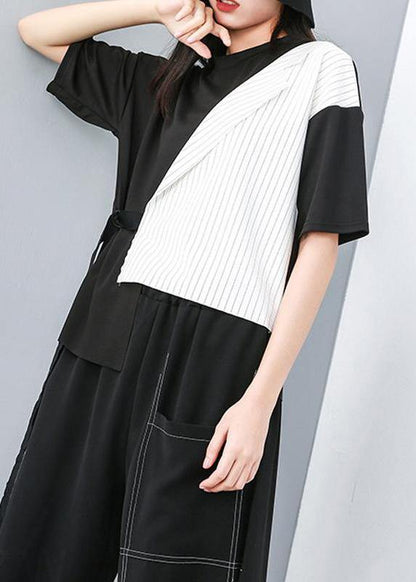 diy cotton crane tops Pakistani Round Neck Patchwork Striped Irregular Blouse - SooLinen