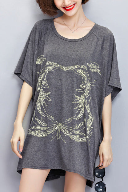 DIY dunkelgraue Baumwollbluse Pakistanische Inspiration O-Ausschnitt Midi Sommertops