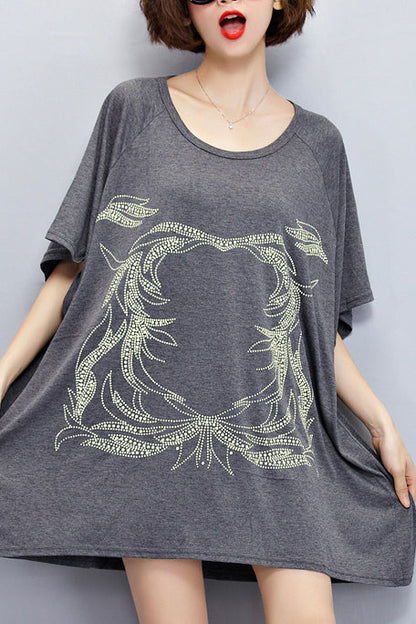 DIY dunkelgraue Baumwollbluse Pakistanische Inspiration O-Ausschnitt Midi Sommertops